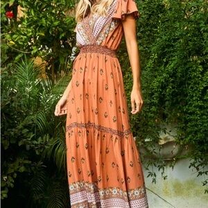 Ces Femme Rust Floral Maxi Dress with Embroidered Waist